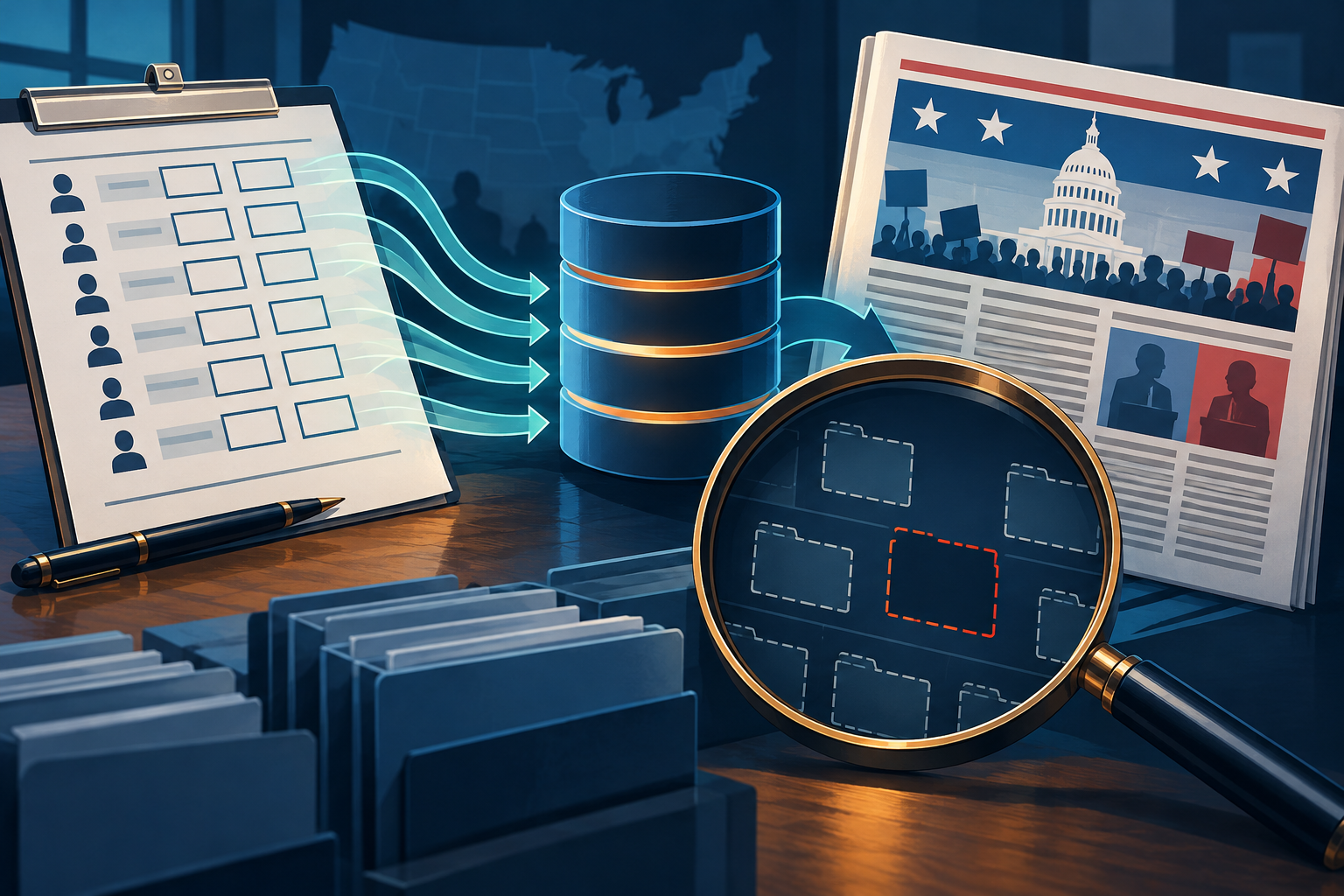 Editorial illustration of Wedgewood fake polls entering media and polling databases