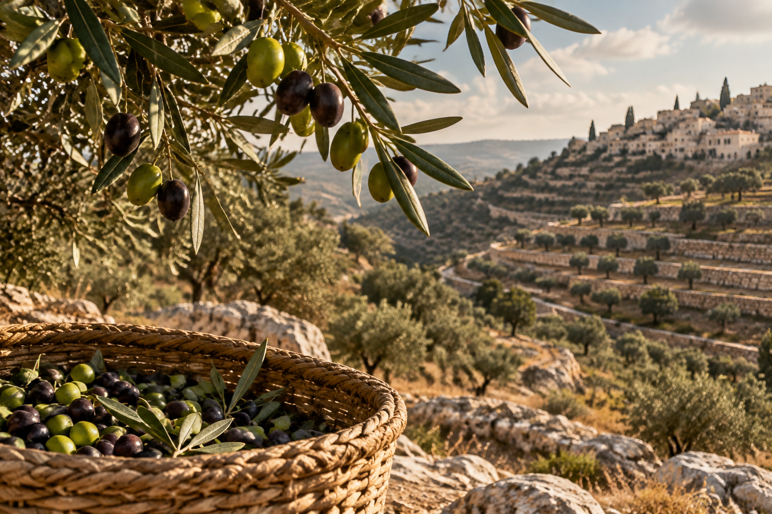 Editorial illustration of olives, a harvest basket and terraced hills representing the West Bank olive harvest.